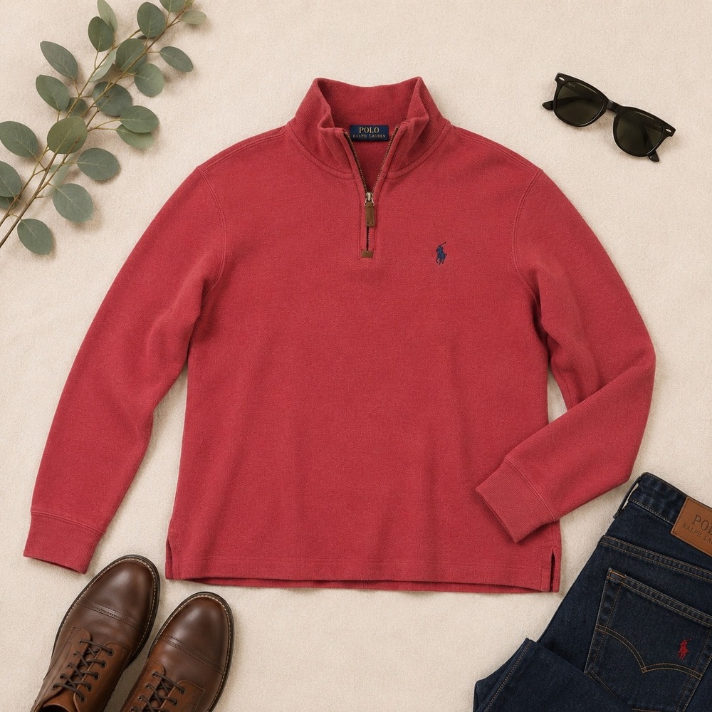 Polo Ralph Lauren Mens Large‎ Red 1/4 Zip Pullover Cotton Sweater Pony Logo